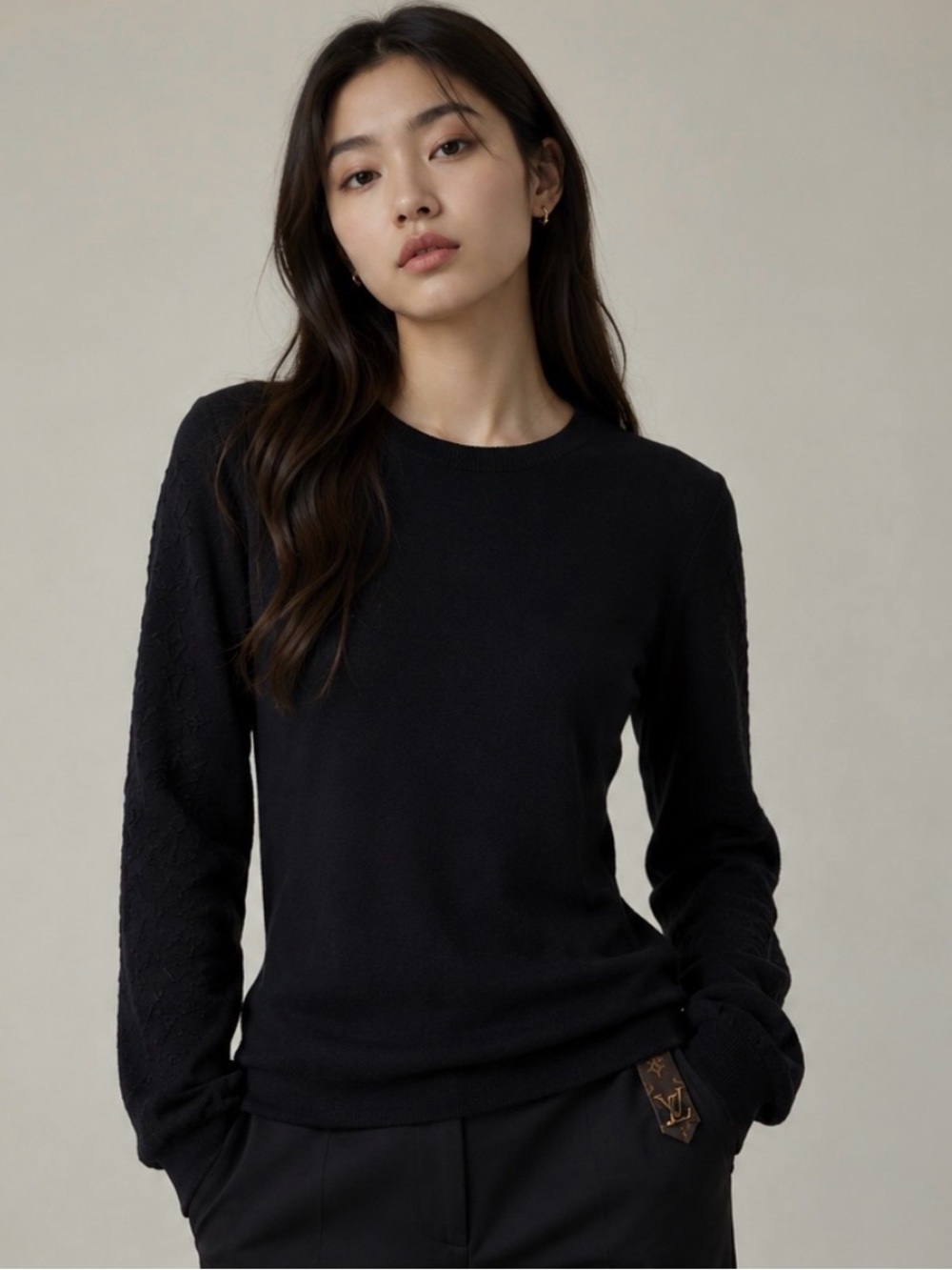 Louis Vuitton Black Wool Blend Crewneck Sweater Textured Sleeves Size M